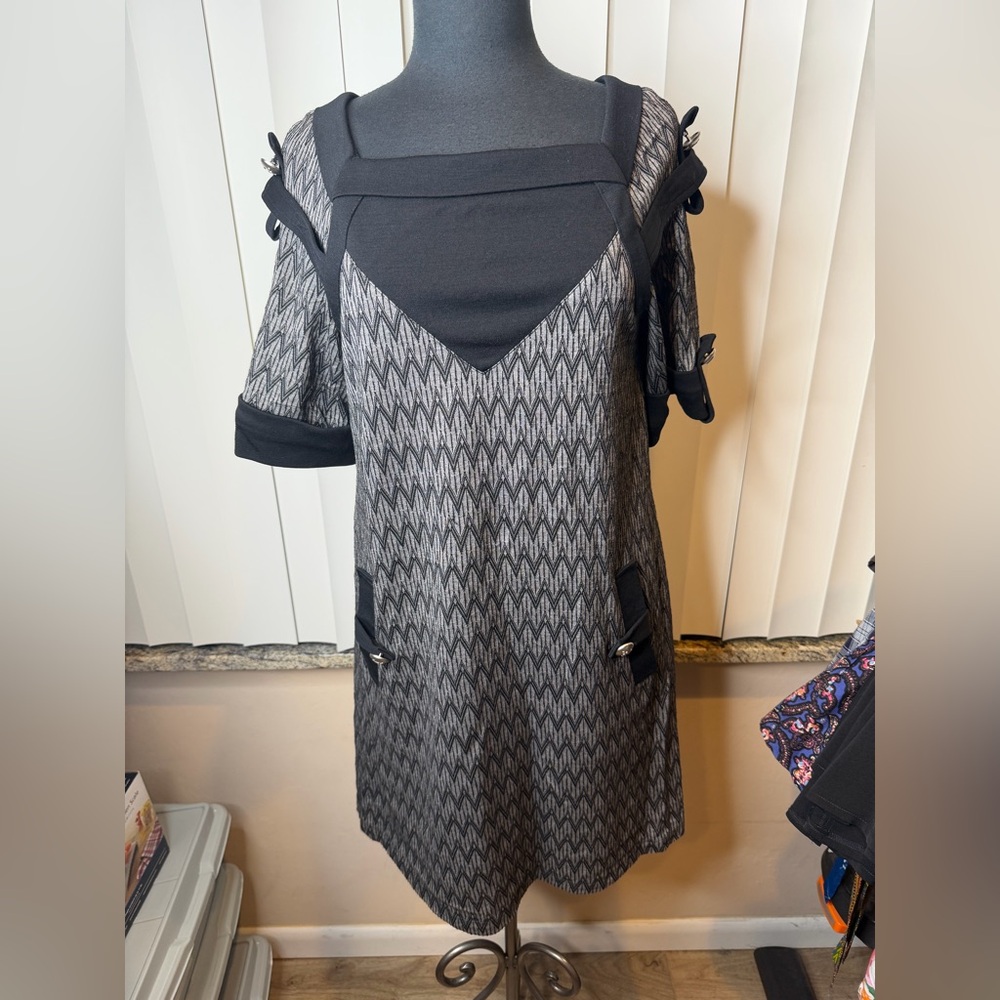 Anthropologie Ailanto Black Retro Look Gray Wool Blend Sheath Dress Size 12